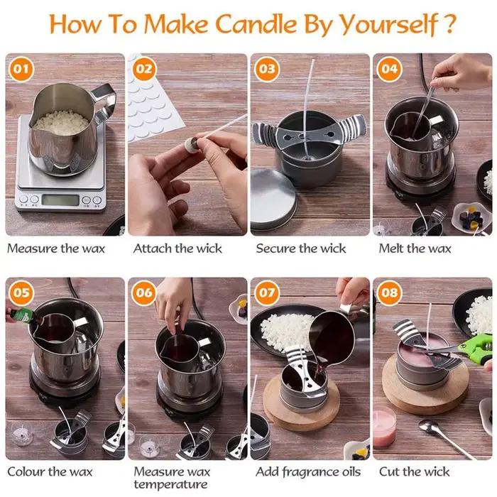 1 ensemble Kit de fabrication de bougies, Pot verseur, mèches autocollantes, fixateur de bougies, outils artisanaux, bougies de cire faites à la main avec pour fête de mariage