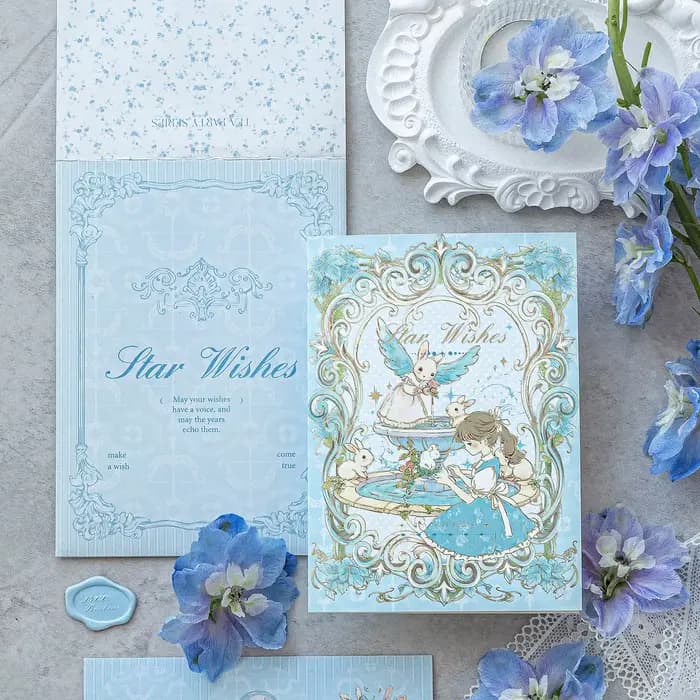 Carte de vœux de haute qualité pour enfants, motif de dessin animé réconfortant, thème 'Ville de conte de fées sous la pluie du matin', avec vœux d'anniversaire, carte manuscrite, cadeau DIY