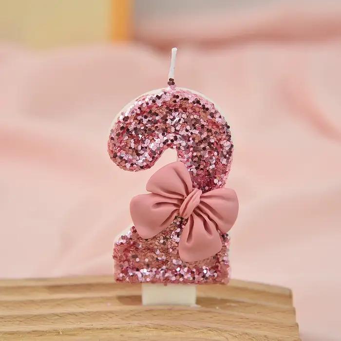 Bougie créative à paillettes de couleur assortie avec nœud rose, décoration numérique pour gâteau d'anniversaire, anniversaire