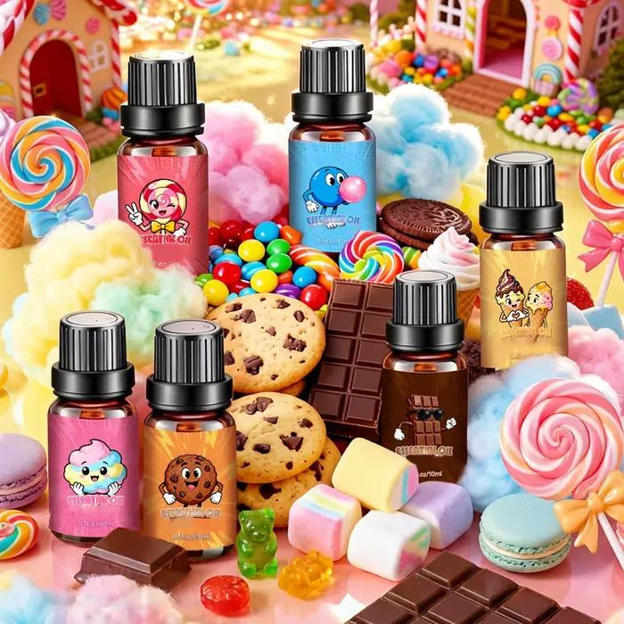 6 pièces/ensemble d'huiles parfumées aux senteurs de bonbons sucrés, combinant guimauve, chewing-gum, chocolat, senteurs de desserts, aromathérapie, huile essentielle