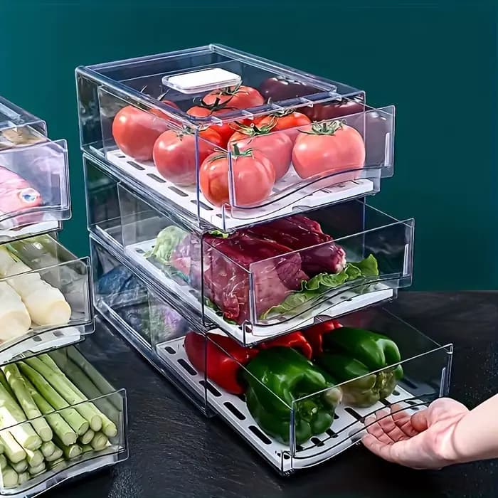 ‌ Bacs transparents empilables pour réfrigérateur, tiroirs extractibles en PET avec bac de vidange, organisateur de stockage de fruits et légumes pour réfrigérateur congélateur