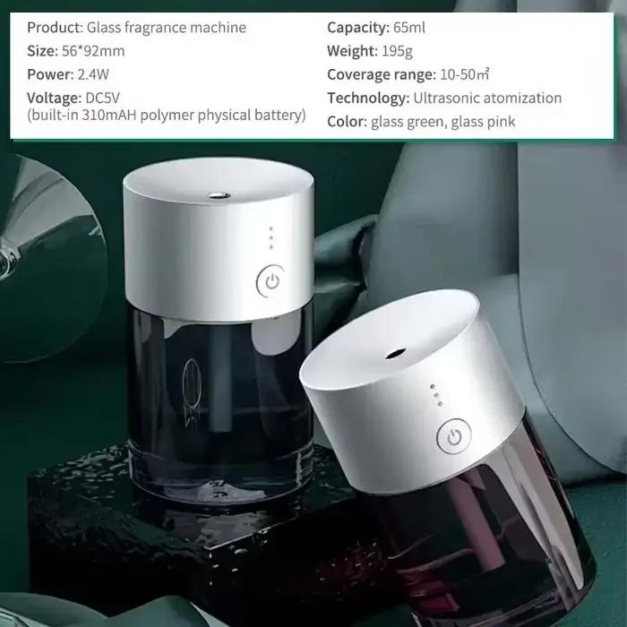 Diffuseur d'huiles essentielles portable 65ML, diffuseur d'arômes USB pour voiture, purificateur d'air en verre pour la maison, machine à parfum avec minuterie 3h, accessoire de bureau