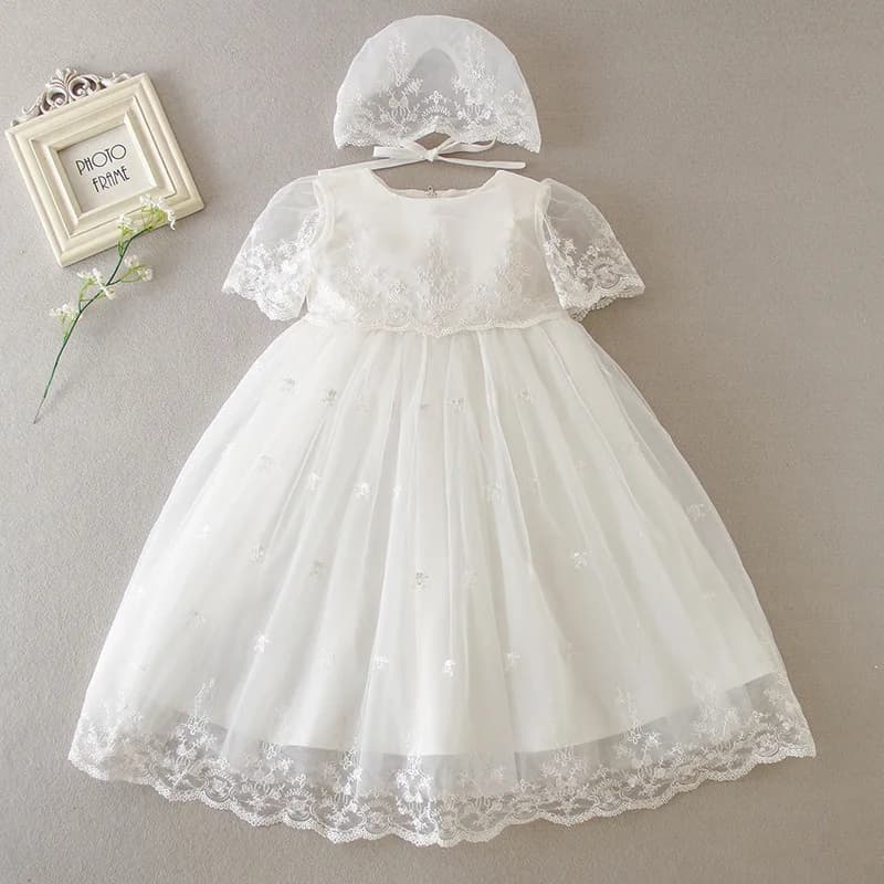 Robe de baptême pour fille, broderie blanche, vêtements de fête de premier anniversaire, mignonne, p