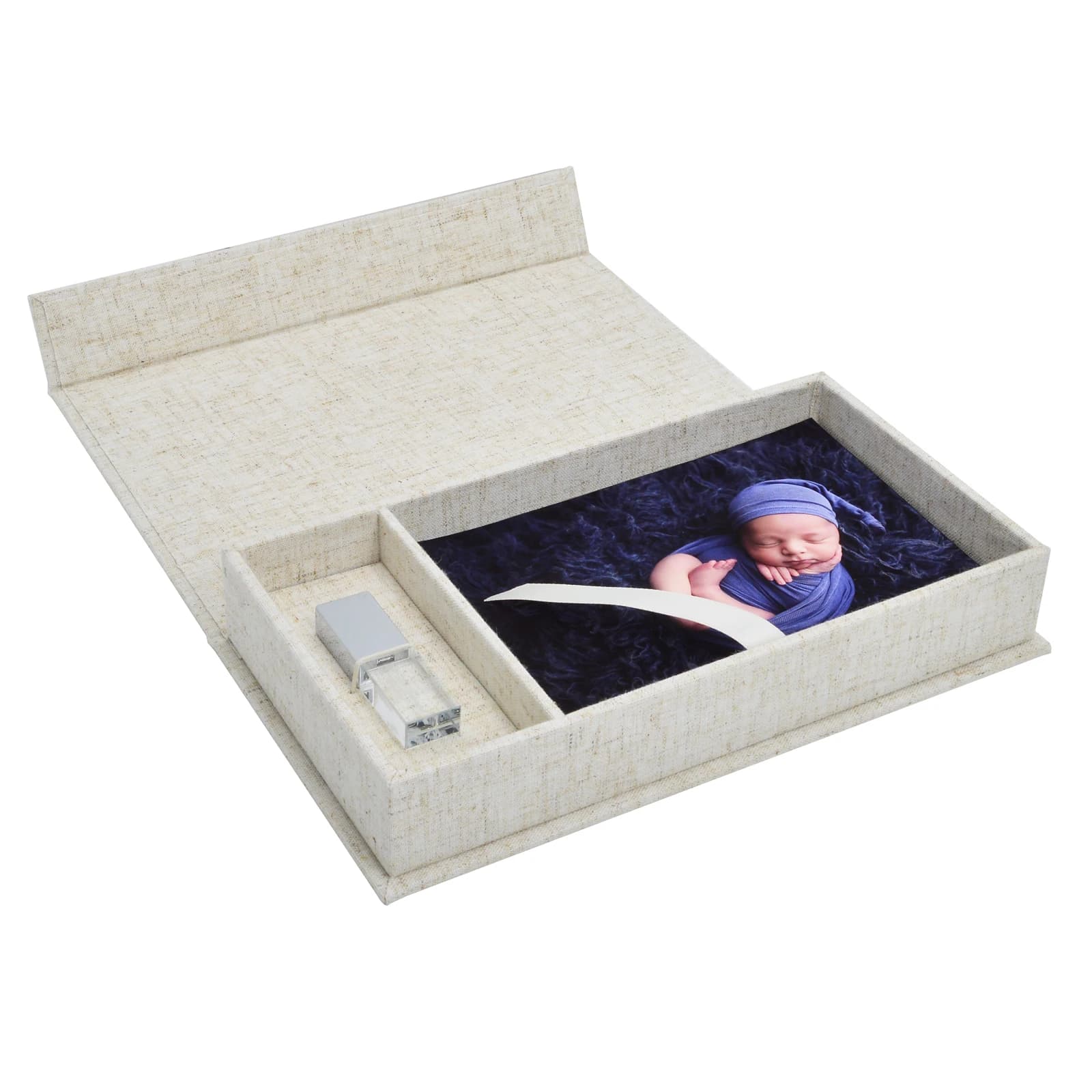 Boîte d'impression de photo en lin avec fente pour clé USB, logo personnalisé sur la couverture, cad