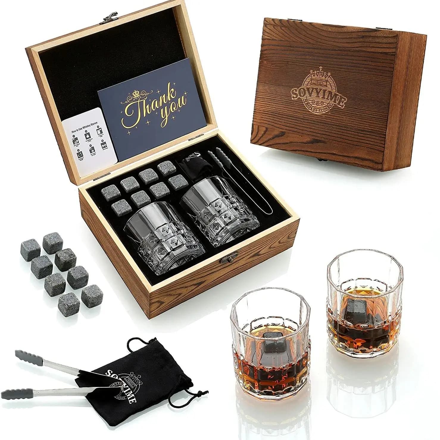 Ensemble de verres à whisky et à charbon, sac en velours pour boissons, whisky ou gin, boîte en bois
