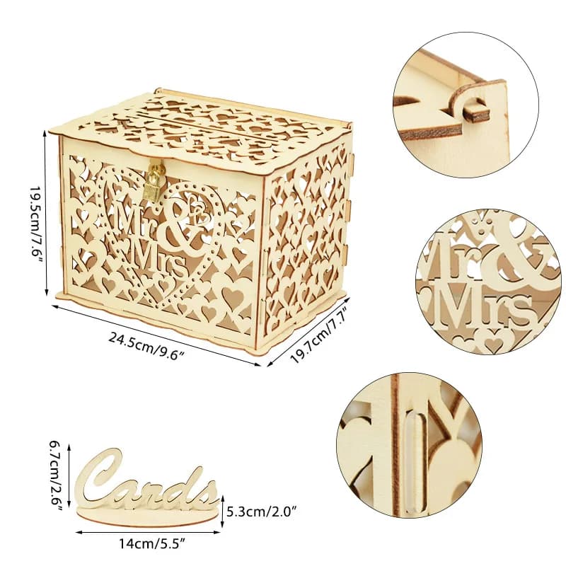 Boîtes à cartes cadeaux de mariage en bois avec serrure creuse Mr & Mrs motif de fleur enveloppe sig