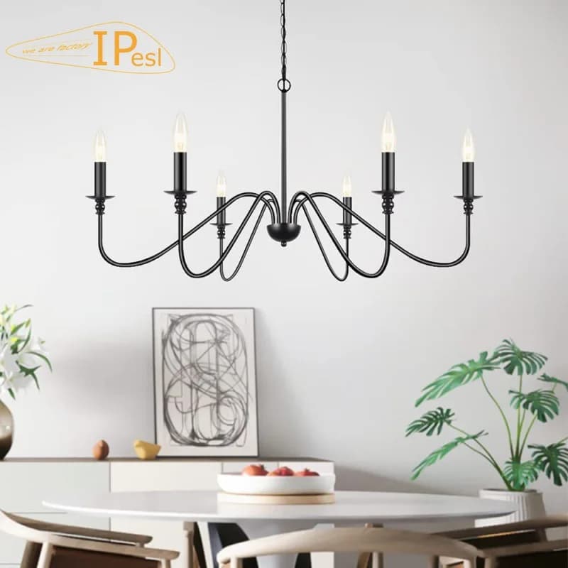 Lustre noir à 6 lumières de style vintage inspiré des bougies classiques, idéal pour les études des 