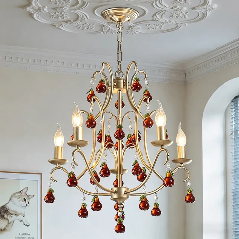 Lustres à bougies vintage français avec pendentifs en cristal transparent/marron/vert, lampe suspend