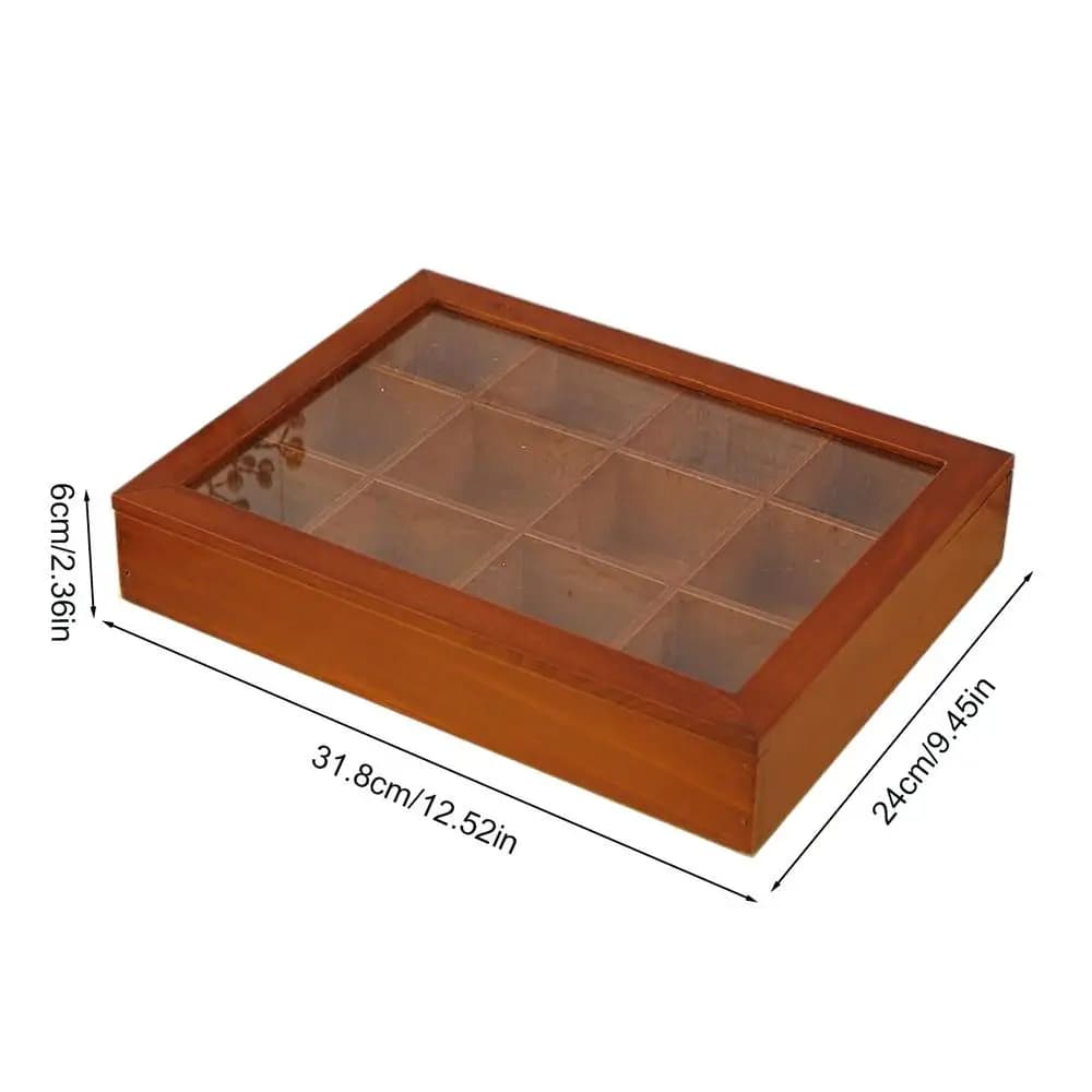 Boîte de rangement en bois à 12 compartiments pour sachets de thé avec couvercle transparent, organi
