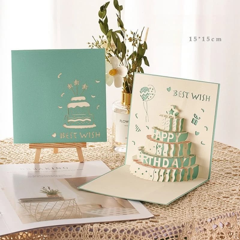 Carte d'anniversaire bleue de printemps, gâteau musical fait à la main, stéréoscopique 3D creux, cad