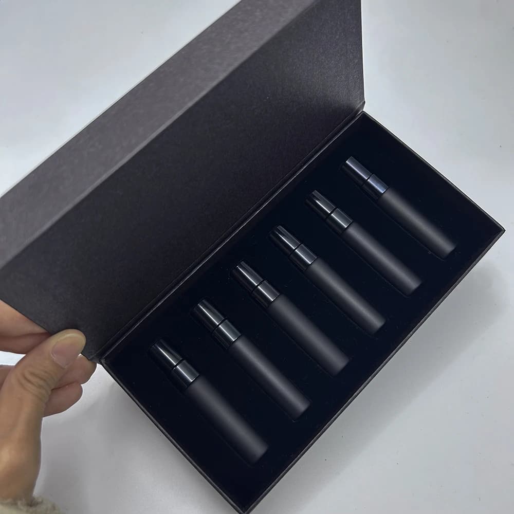 Bouteille de parfum noir mat de 5ml, avec boîte d'emballage, atomiseur, boîte de bouteille de parfum