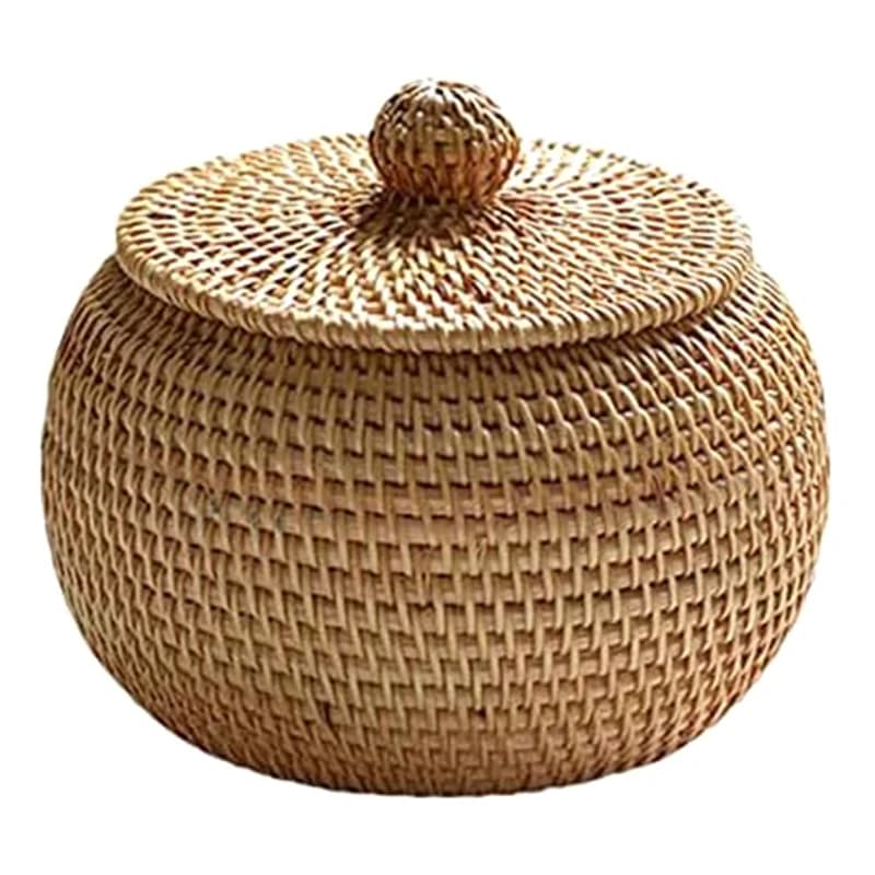 Boîte ronde en rotin avec couvercle, boîte de rangement tissée à la main, panier de rangement multif