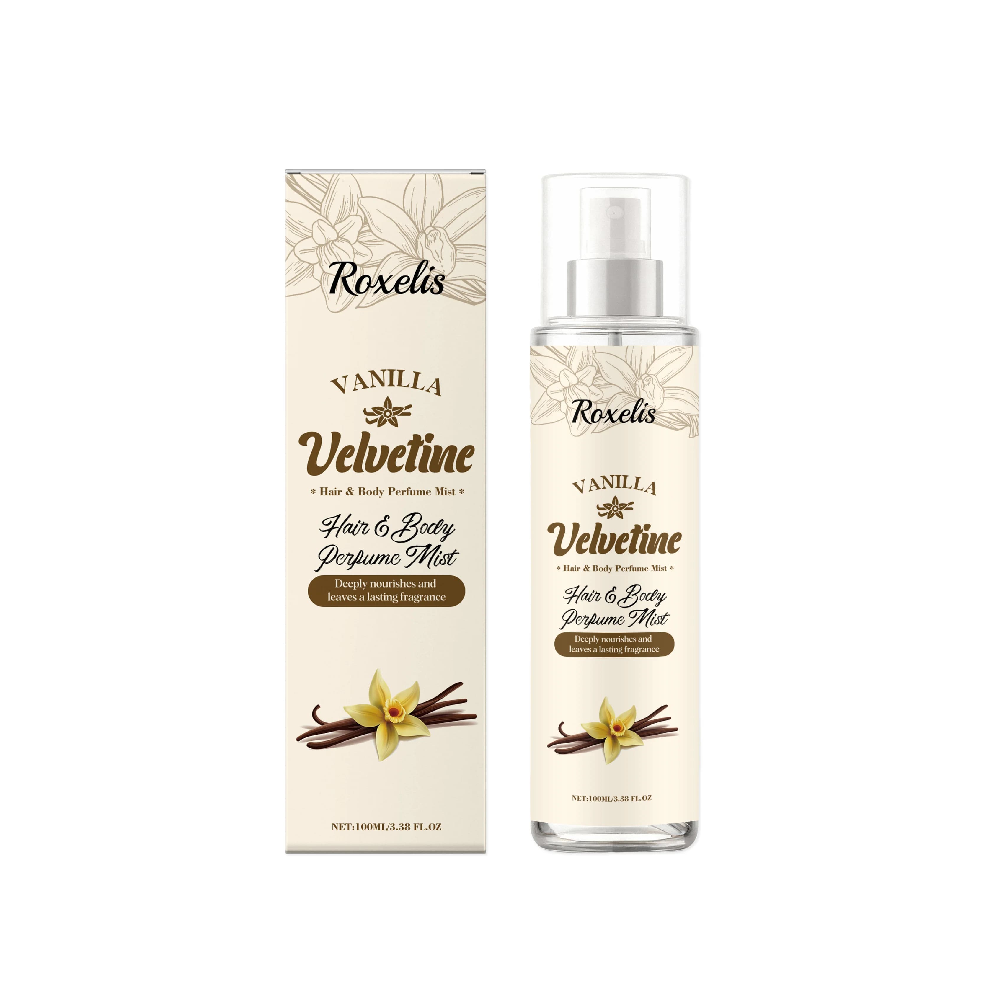 Roxelis 100ml Brume Corporelle Parfumée Vanille Velours, Parfum Doux, Pour Usage Quotidien, Portable