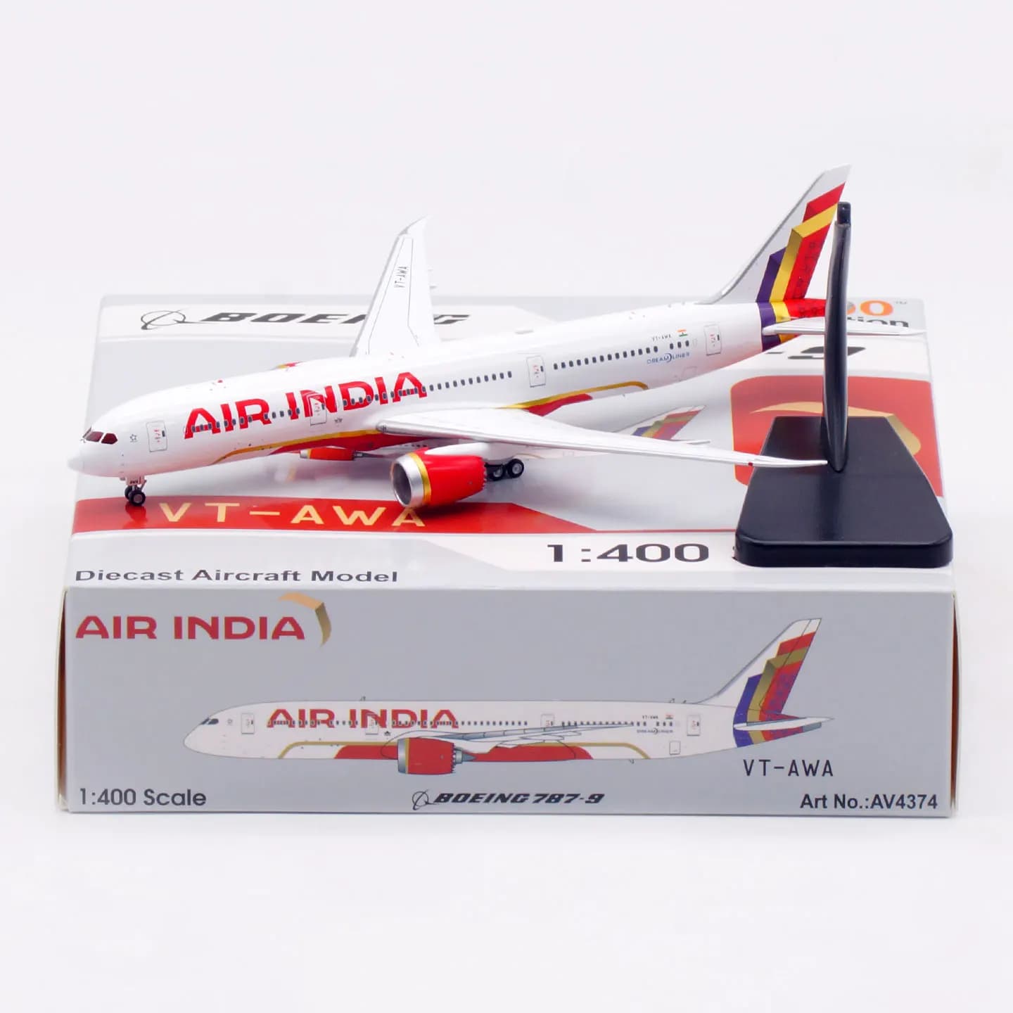 Modèle d'avion en alliage AV4374, collection aviation, cadeau, 1:400 AIR INDIA Boeing B787-9 "Dreaml