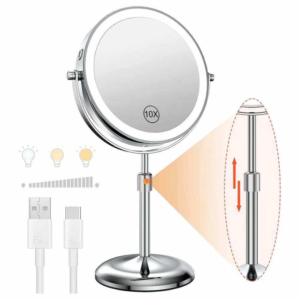 Miroir de maquillage debout avec lampe lumineuse, luminosité réglable, grossissement 10X, 3 lumières