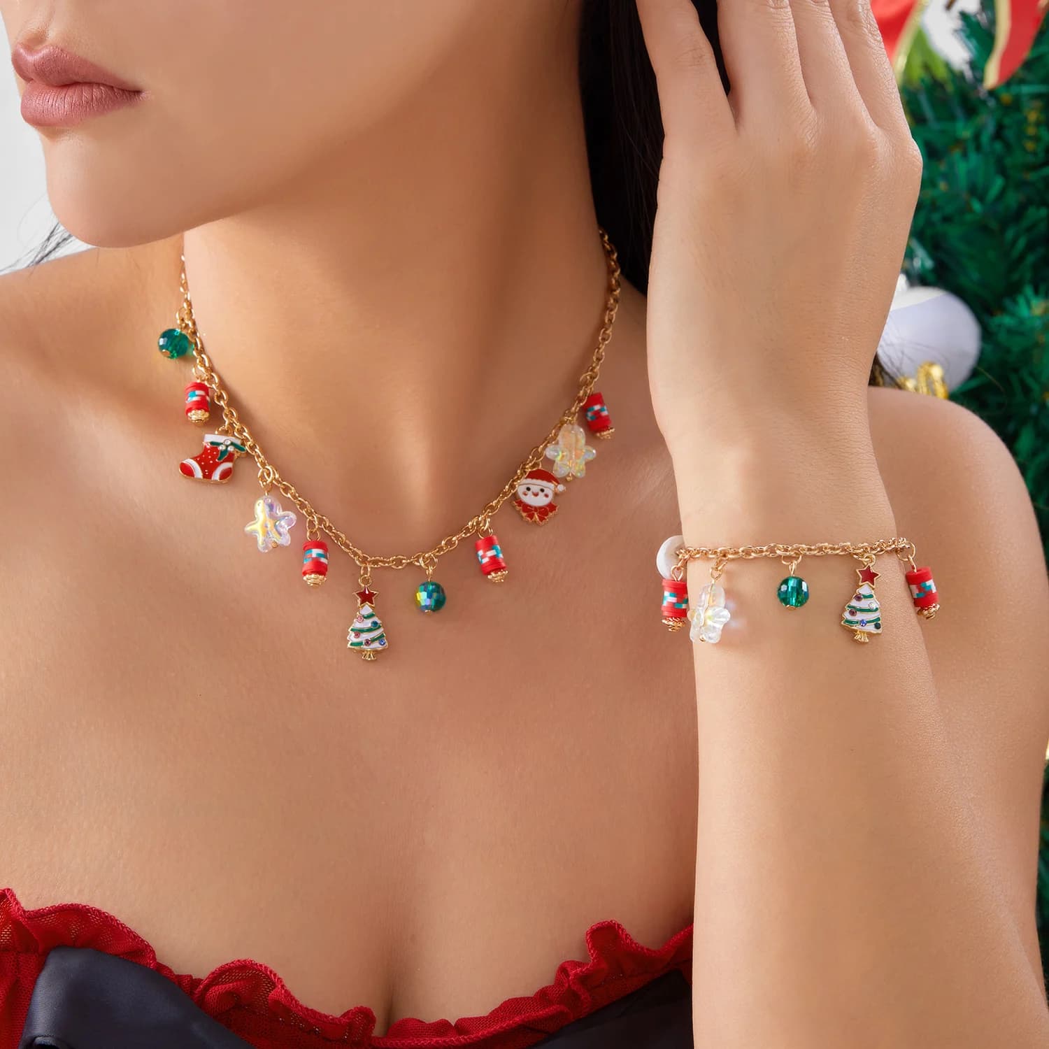 Charmante Collection de bijoux de noël pour femmes, collier et Bracelet, pendentifs flocon de neige,