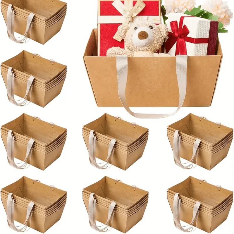 Lot de 5 paniers cadeaux vides avec poignées, kit de paniers cadeaux en carton kraft, boîtes cadeaux