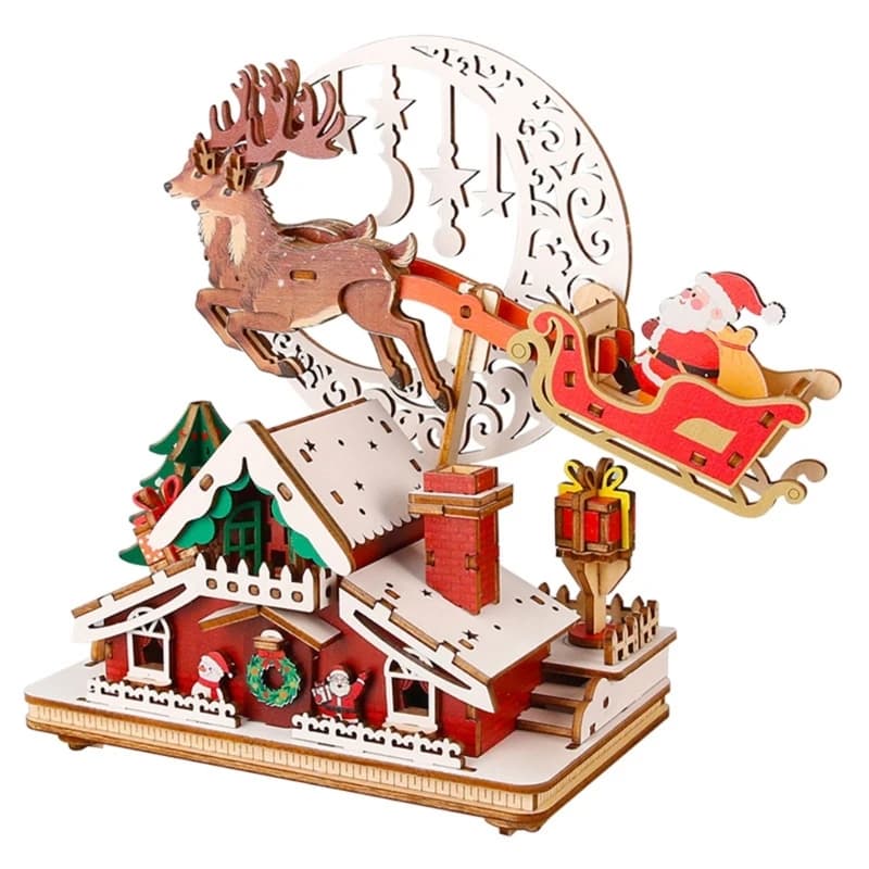 Puzzle construction en bois 3D, boîte à musique noël avec lumière LED mélodies pour décoration vacan