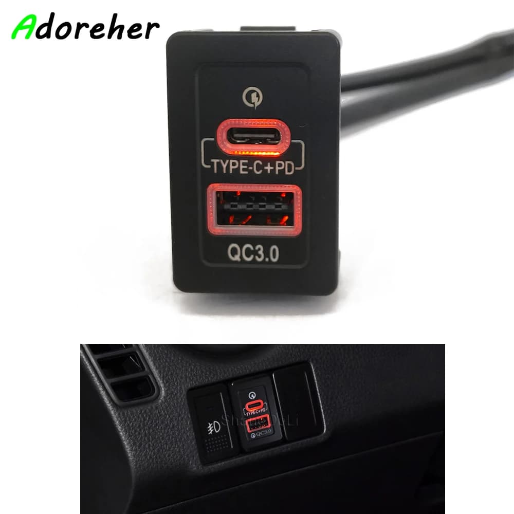 Chargeur USB QC3.0 pour voiture, lumière Orange, Type C, Charge rapide, adaptateur de Charge de télé