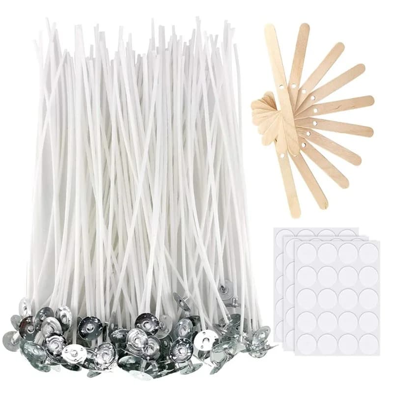 Mèches de bougie en coton de 15cm, 100 pièces, avec 30 autocollants et 10 outils de centrage, Kit co
