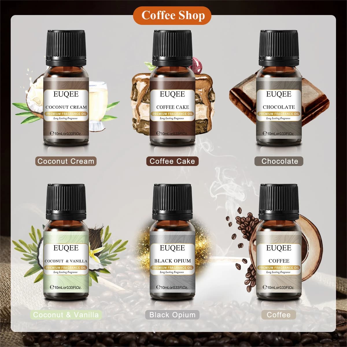 EUQEE 6 pièces coffret cadeau d'huiles parfumées pour café-café, gâteau au café, chocolat, crème de 