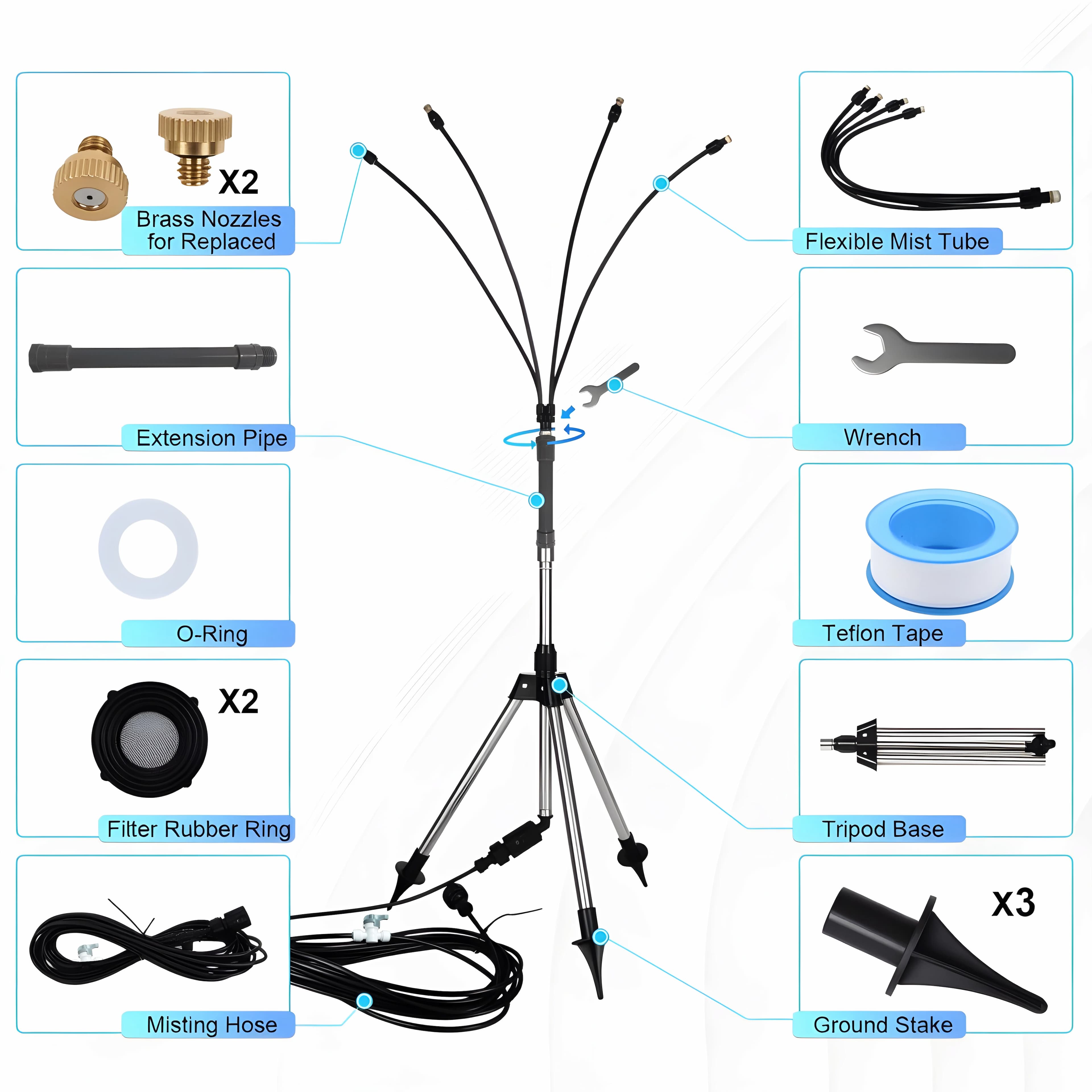 Brumisateur sur pied pour patio extérieur avec filtre - Hauteur réglable 3,2-4,1 pieds Ligne de syst