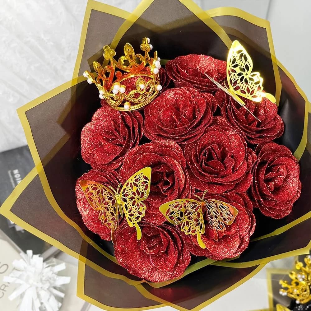 Bouquet de roses scintillantes de luxe avec couronne et papillon – Cadeau de fleurs artificielles po
