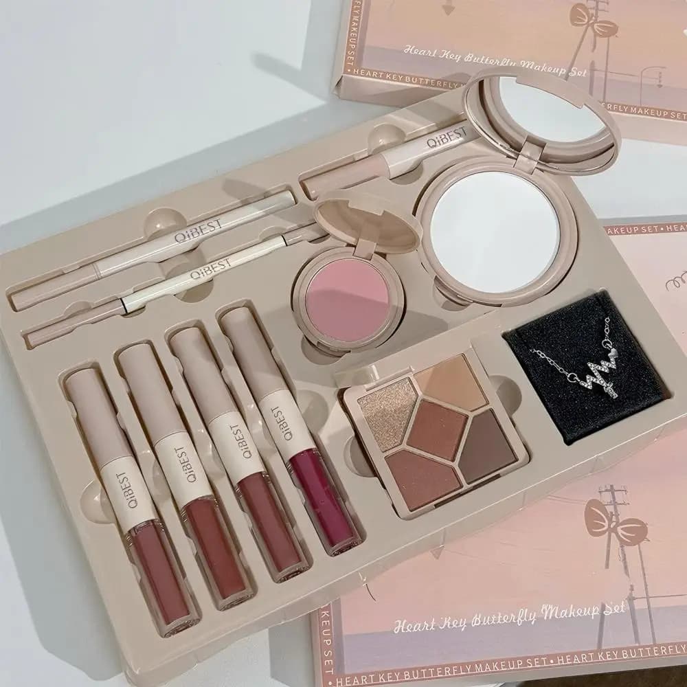 Coffret cadeau de maquillage avec nœud papillon, cœur limité, rouge à lèvres, poudre, Blush, fard à 
