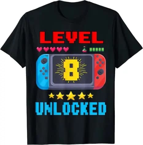 T-Shirt de 8e anniversaire pour garçon, débloqué, niveau 8, pour joueur vidéo, cadeau d'anniversaire