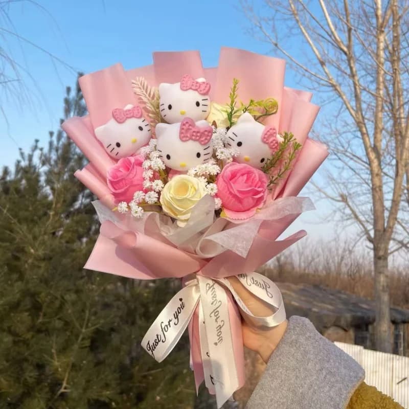 Hello Kitty avec des fleurs artificielles, bouquet romantique fait à la main, cadeaux pour la fête d