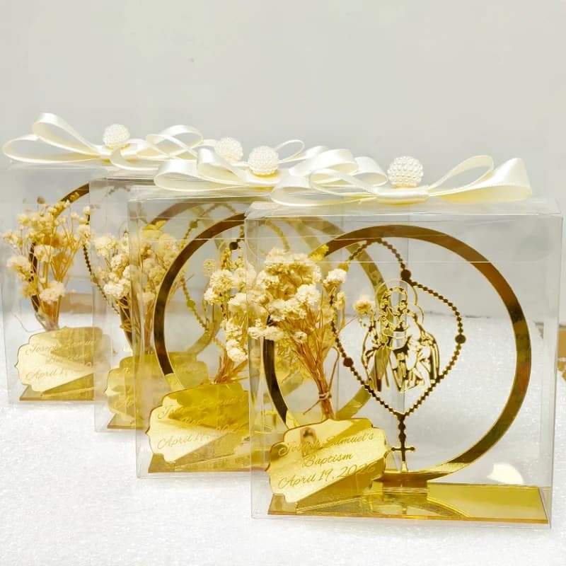 10 boîtes de cadeaux de baptême personnalisées avec Madone dorée, décoration de fleurs séchées, souv