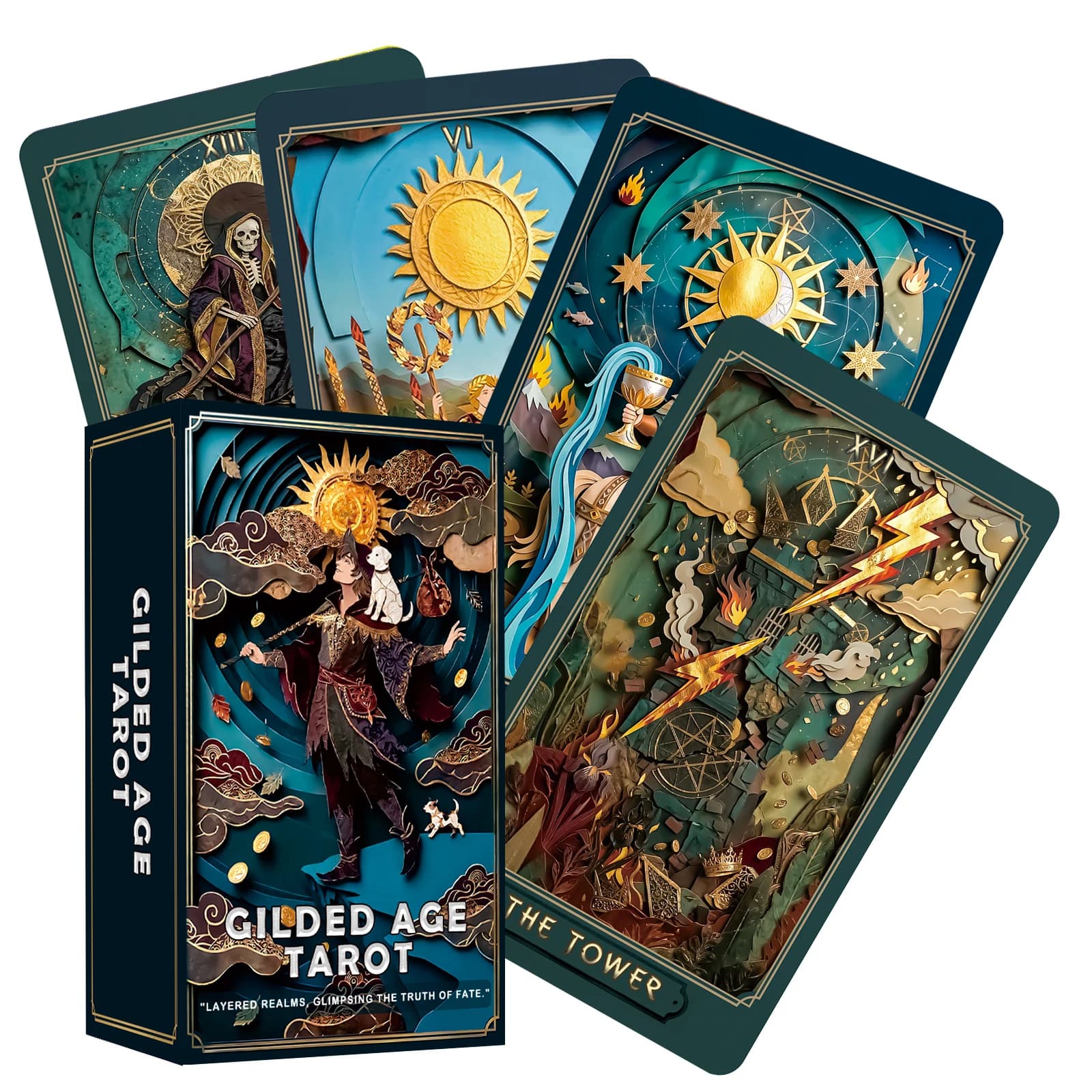 Le Tarot de l'Époque Dorée |   78 cartes d'art découpées en papier |   Comprend un guide, adapté aux