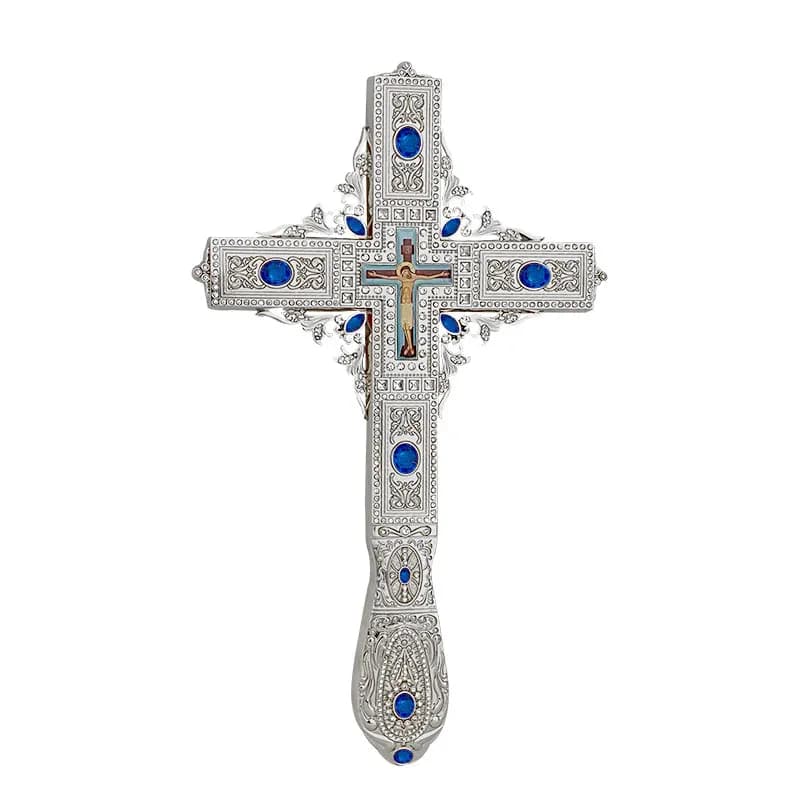 Croix orthodoxe plaquée or avec pierres rouges pour la liturgie de l'église, l'autel domestique, la 