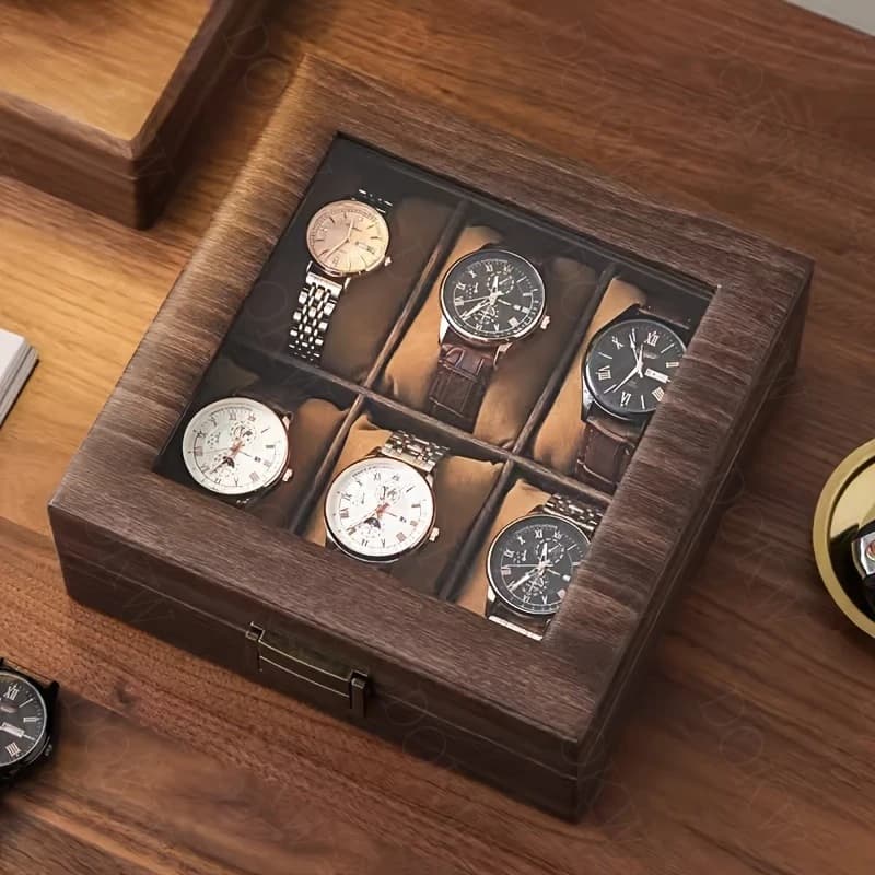 Boîte de rangement de montre haut de gamme avec cuir, finition grain de bois et lucarne en verre, ca