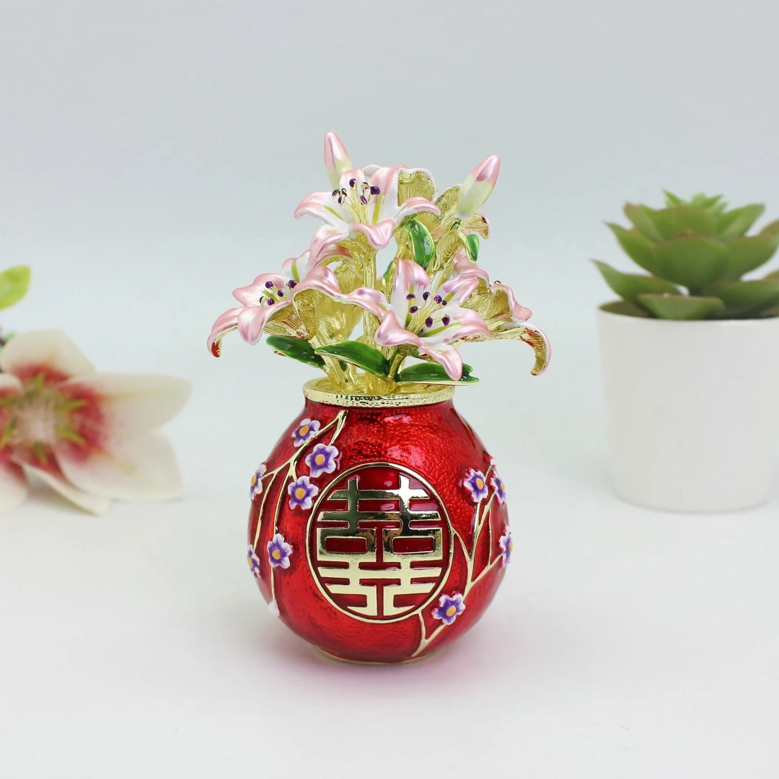 SHINNYGIFTS-Vase de lys émaillé, boîte décorative, boîtes ornementales de fleurs, décoration à thème