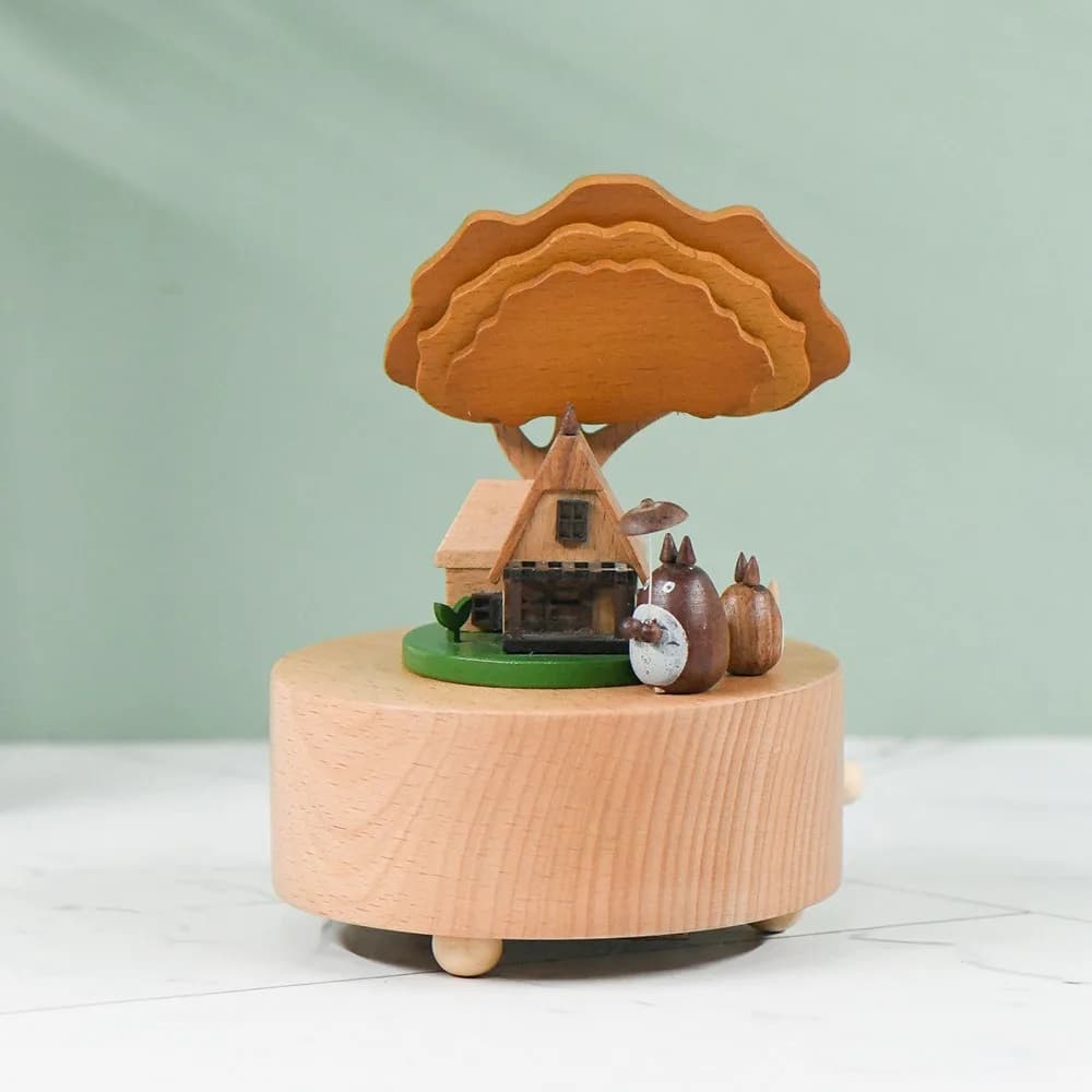 Boîte à musique rotative en bois Totoro et chats sous le grand arbre, artisanat de dessin animé, cad