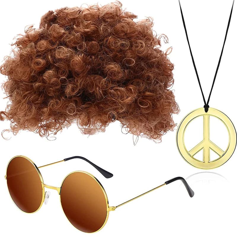 Ensemble d'accessoires hippie des années 60, perruque, lunettes de soleil, collier, collier de paix 