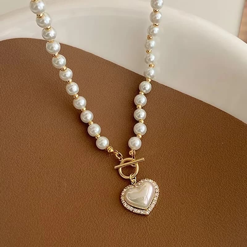 Collier de perles de luxe pour femme, bijoux vintage, collier avec pendentif en forme de cœur, acces