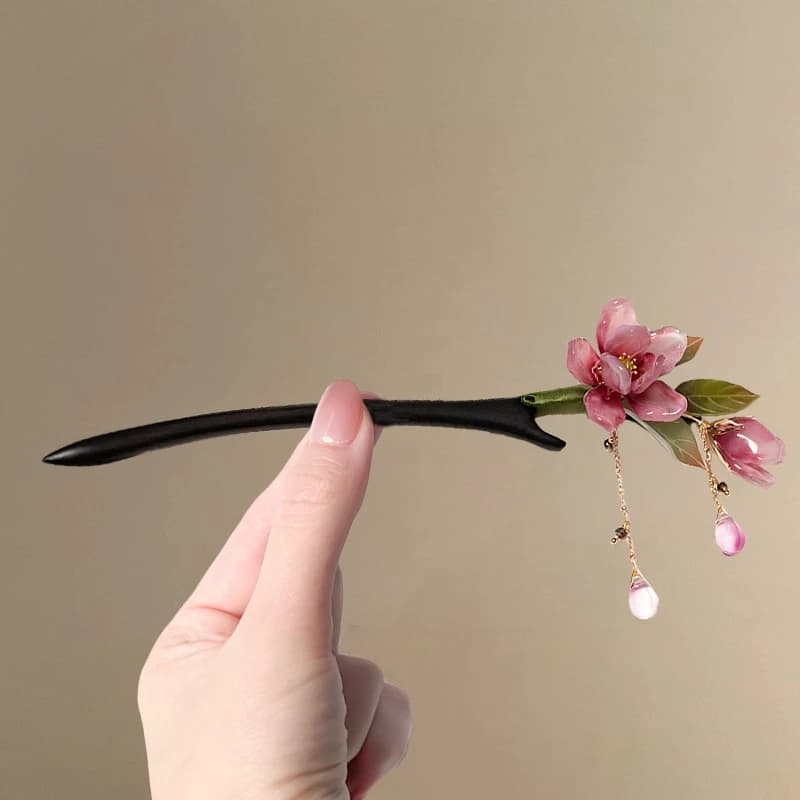 Épingle à cheveux florale de Style chinois, pompon de fleur rose, accessoire de cheveux élégant Hanf
