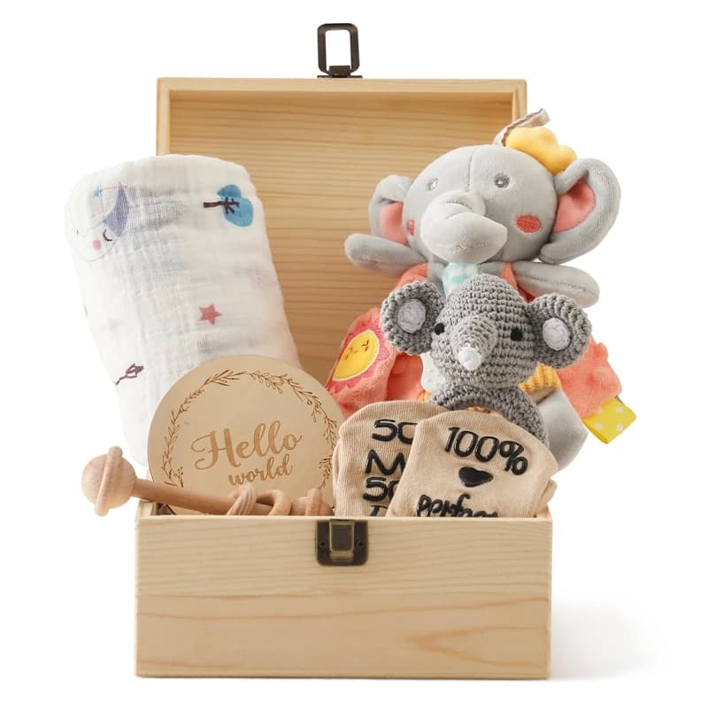 Coffret cadeau en bois pour bébé, ensemble hochet au Crochet, serviette confortable pour bébé, jouet
