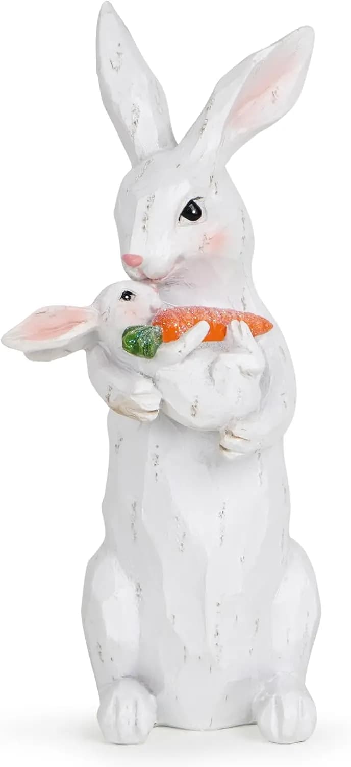 Décorations de lapin de pâques sculptées à la main en bois blanc mère et bébé lapin décorations d'in