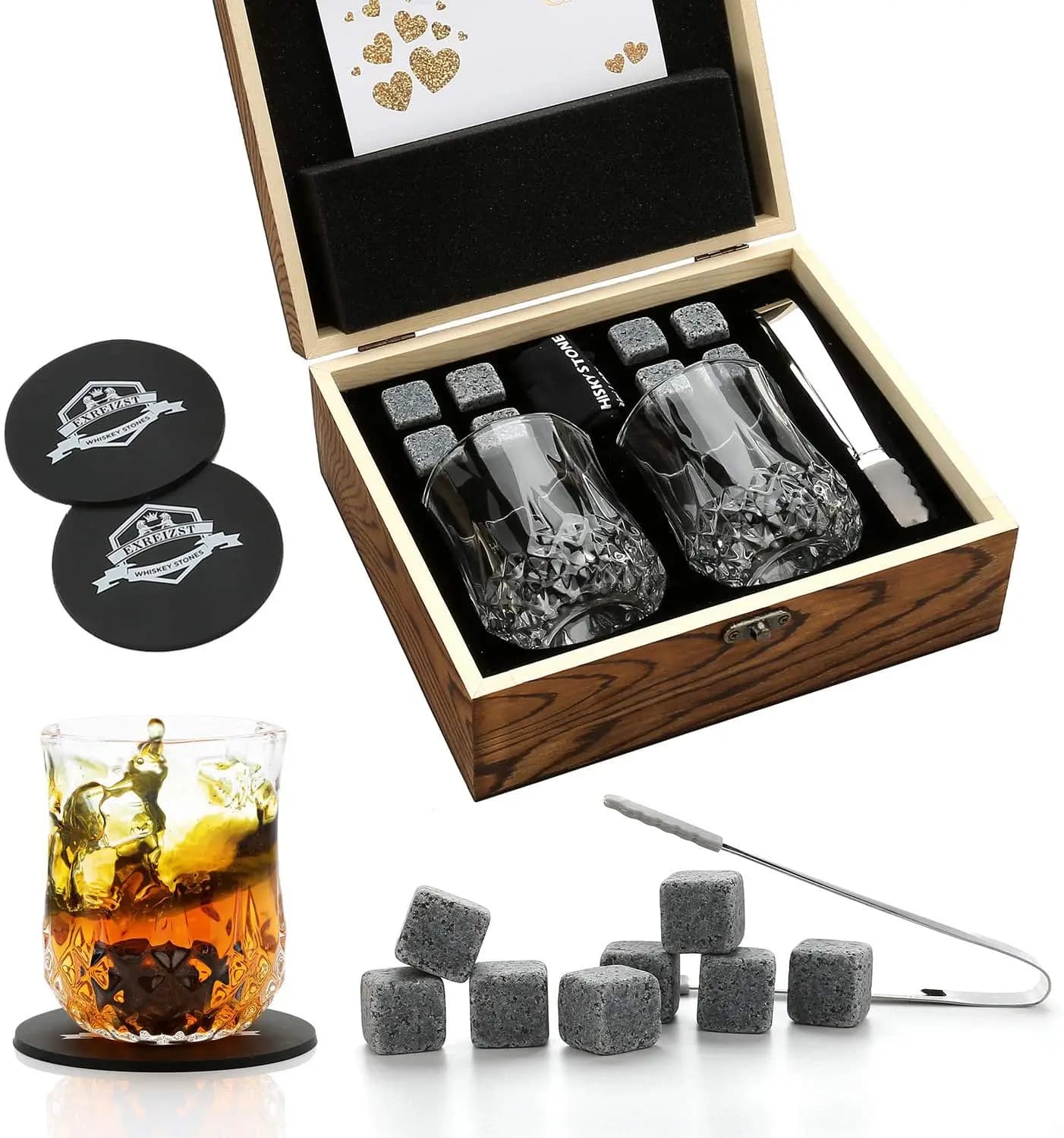 Ensemble de 2 verres à whisky au charbon, refroidisseur de granit, roches de whisky, scotch bourbon,
