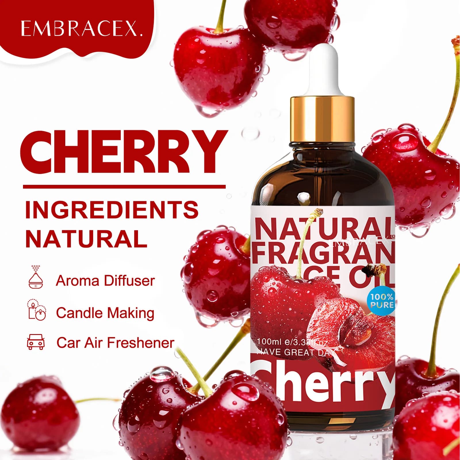 Huile Essentielle de Cerise 100ml, Huile Parfumée Fruitée pour Fabrication de Bougies, Diffuseur à B