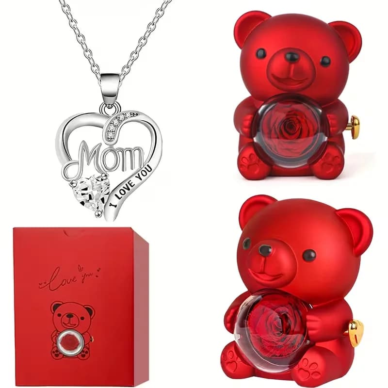 Coffret cadeau Rose éternelle ours en peluche rouge avec collier, parfait pour la fête des mères, No