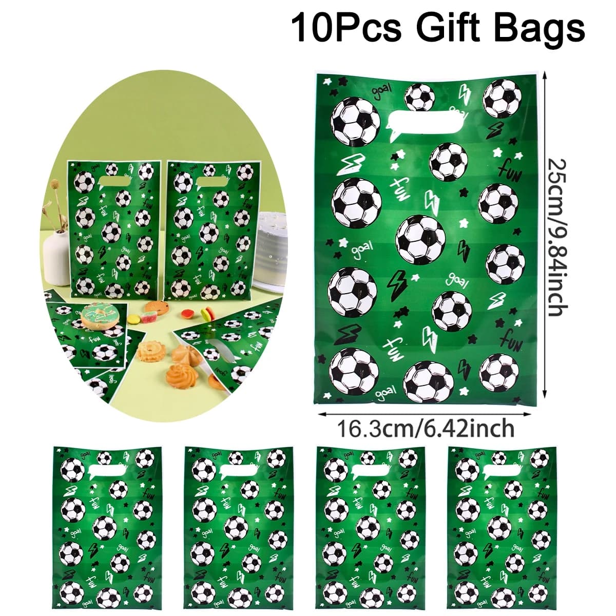 Sacs cadeaux de football vert en plastique, 10/20/50 pièces, sacs à bonbons pour les fans de footbal