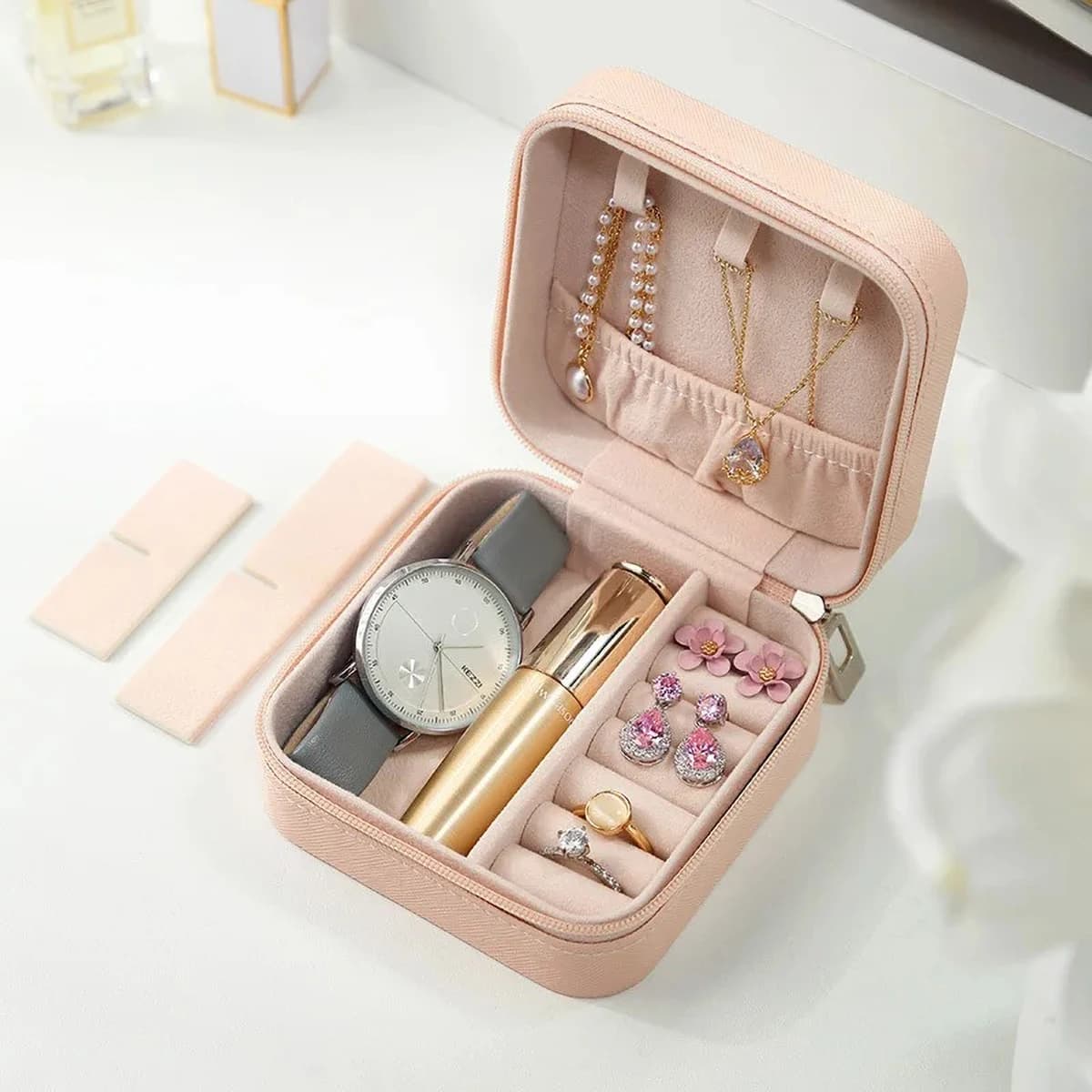 Boîte à bijoux portable en cuir PU - Organisateur multi-compartiments doublé de velours pour bagues,