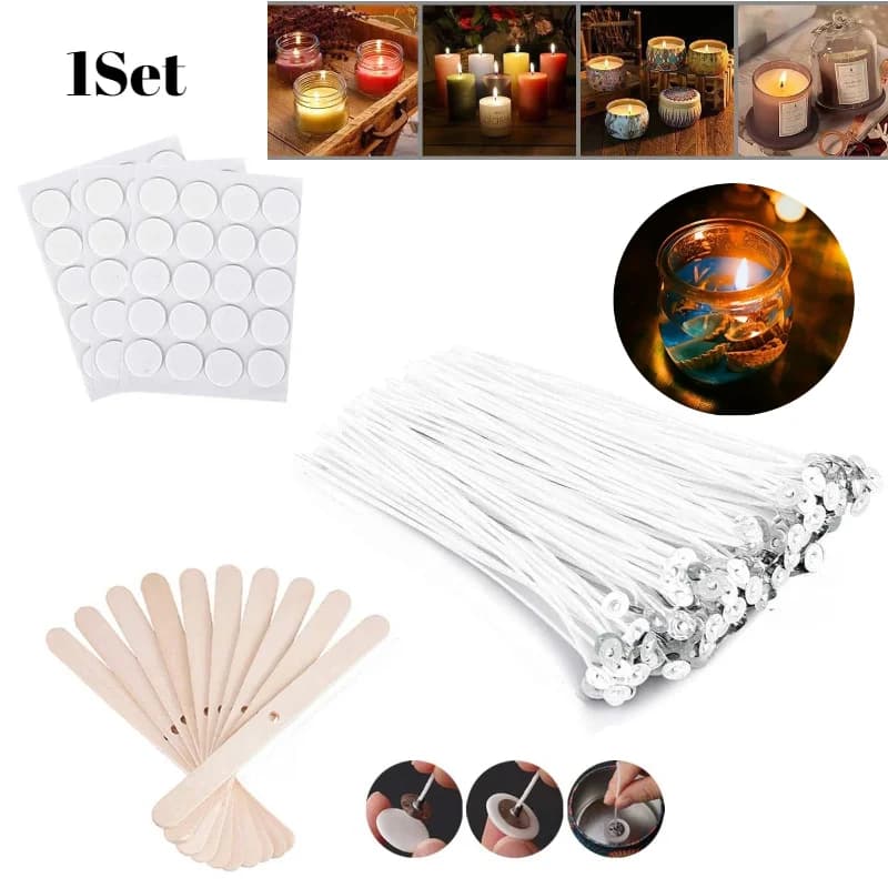 Kit de fabrication de bougies en coton pré-ciré à faible fumée, 1 ensemble, avec porte-mèches et poi
