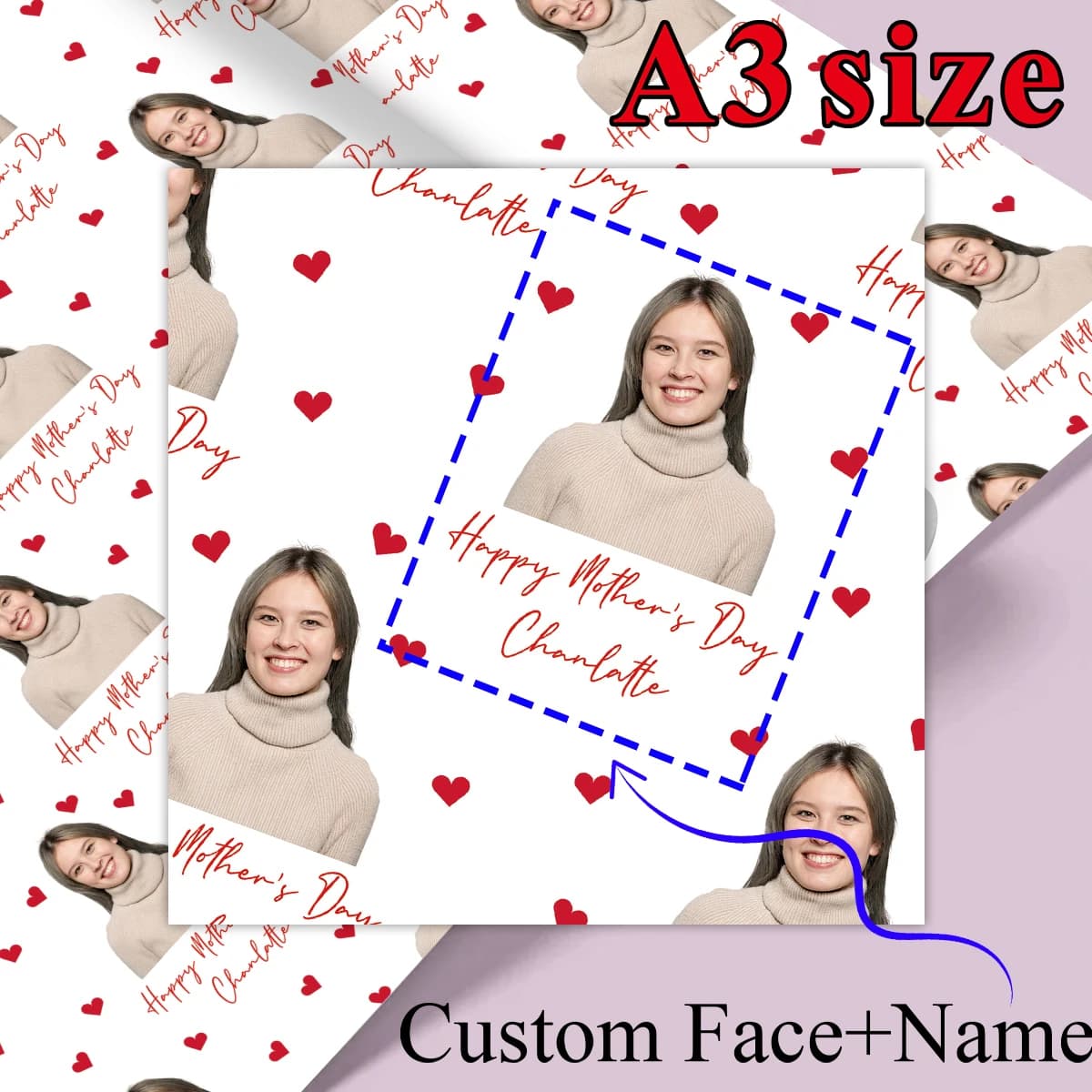 Papier d'emballage personnalisé pour la fête des mères, 3 pièces, visage et nom personnalisés, pour 