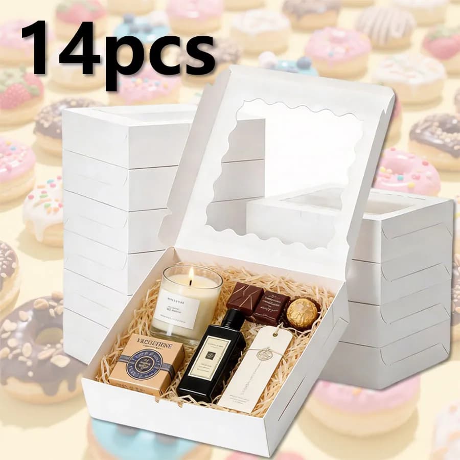 14 boîtes à gâteaux en papier kraft blanc avec fenêtre transparente, 7,1x7,1x2,5 pouces, boîtes d'em
