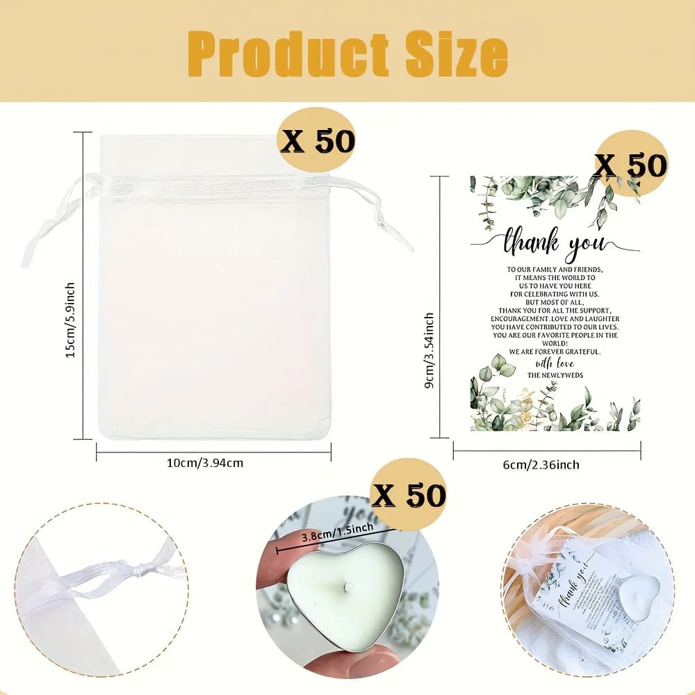 50 mini bougies en forme de cœur pour invités, cadeaux de mariage avec carte de remerciement pour le